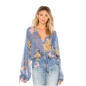 Intermix We are Kindred Blue Floral Print Button-Up & Neck Tie Blouse Sz Small